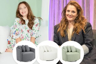 Drew Barrymore with insets of three chairs