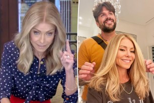 A split photo of Kelly Ripa on "Live" and a selfie of Kelly Ripa's blond hair