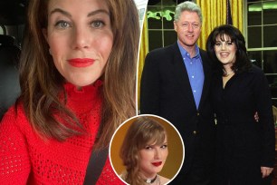 Monica Lewinsky split image with Bill Clinton inset of Taylor Swift.