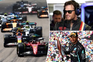 A collage of racing pics featuring Lewis Hamilton and cars.