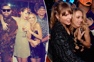 Taylor Swift and Travis Kelce with Patrick and Brittany Mahomes split image.