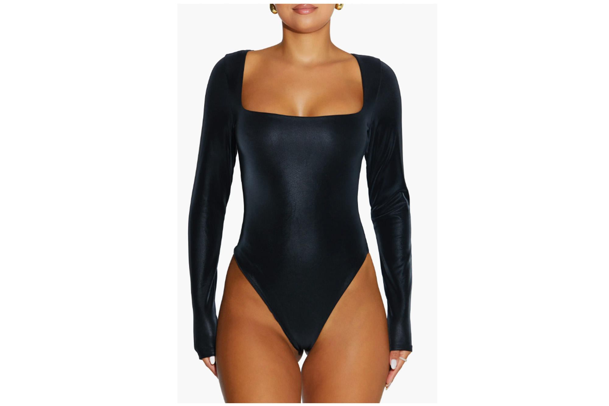 A model in a black bodysuit