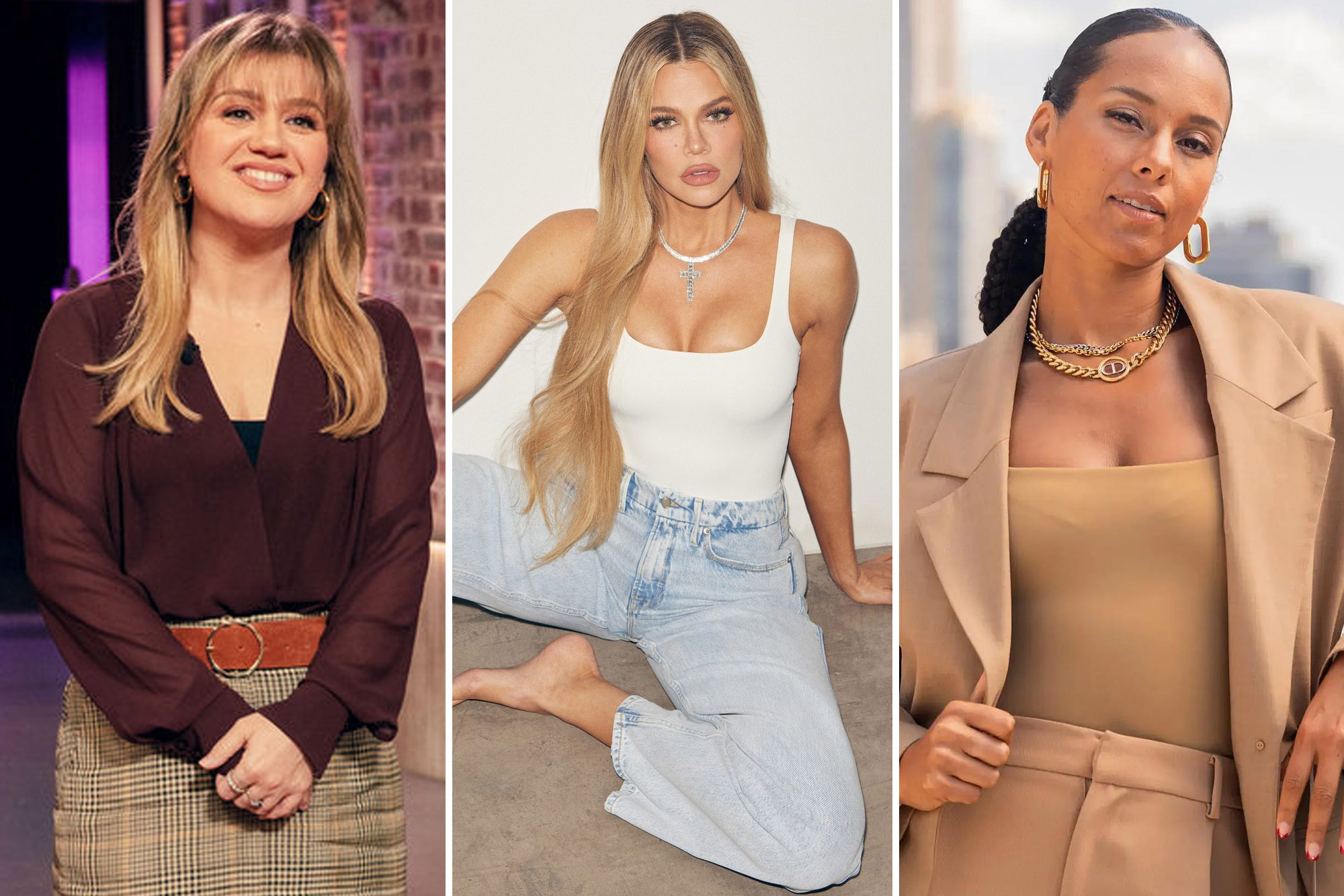 Kelly Clarkson, Khloé Kardashian and Alicia Keys wearing Good America bodysuits
