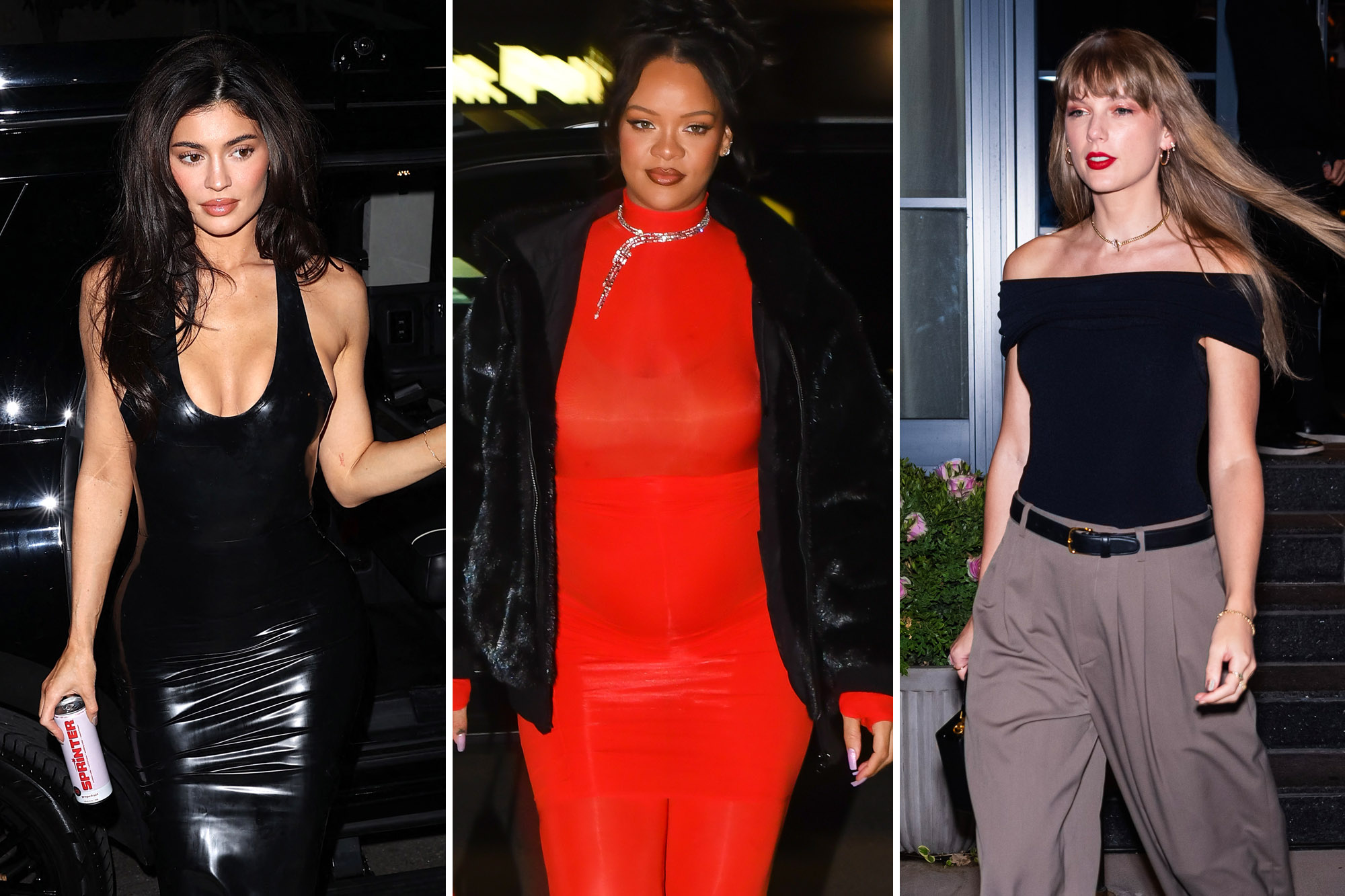 A three-split image of Kylie Jenner, Rihanna and Taylor Swift wearing Alaïa bodysuits