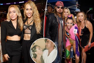 Brandi Cyrus and Tish Cyrus, split with Billy Ray Cyrus and Miley Cyrus, as well as a Dominic Purcell inset