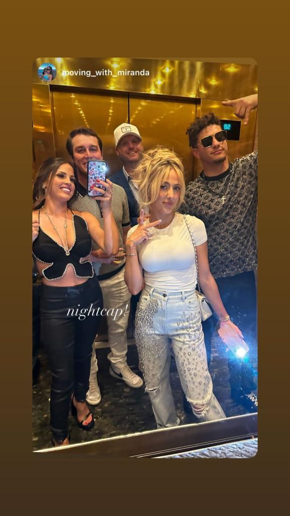 Brittany Mahomes and Patrick Mahomes in an elevator with friends.