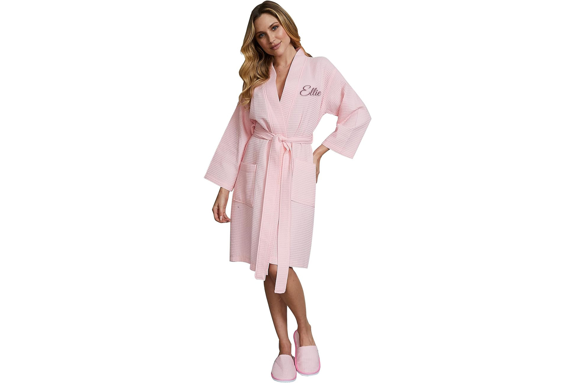 A model in a pink waffle robe