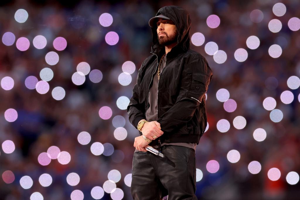 Eminem performing during the Super Bowl LVI Halftime Show.