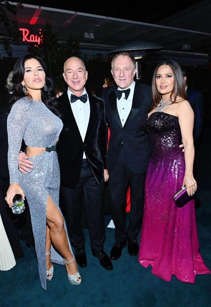 Lauren Sanchez, Jeff Bezos, François-Henri Pinault, and Salma Hayek Pinault stand together.