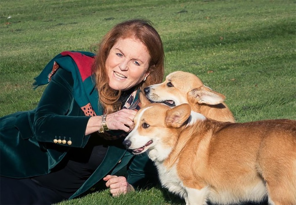 Sarah Ferguson playing with Queen Elizabeth II's dogs.