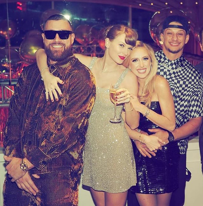 Travis Kelce and Taylor Swift with Brittany Mahomes and Patrick Mahomes. 