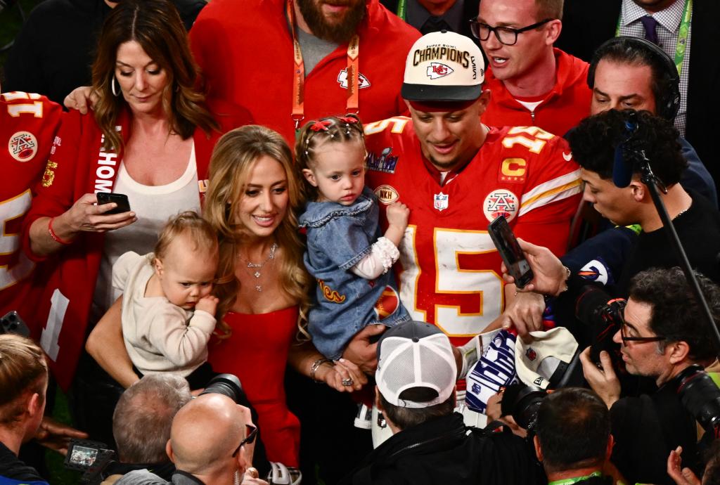 Patrick and Brittany Mahomes with their kids at the 2024 Super Bowl.
