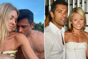 A split photo of a selfie of Mark Consuelos and Kelly Ripa and a throwback photo of Mark Consuelos and Kelly Ripa