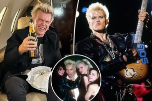 A split photo of Billy Idol drinking and Billy Idol performing and another photo of Billy Idol at a club