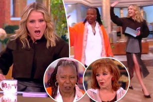 A split photo of Sara Haines talking on "The View" and Whoopi Goldberg and Sara Haines on "The View" and two small photos of Whoopi Goldberg and Joy Behar