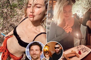 Gigi Hadid with insets of Bradley Cooper and Travis Kelce with Taylor Swift.