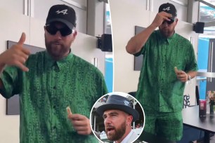 A composite image of Travis Kelce at Miami Grand Prix and at Kentucky Derby.