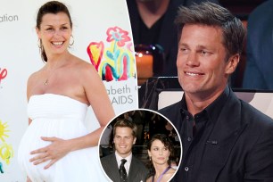 A split photo of a pregnant Bridget Moynahan and Tom Brady sitting and a small photo of Tom Brady and Bridget Moynahan together