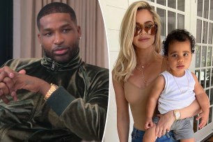 A split photo of Tristan Thompson sitting and Khloe Kardashian holding Tatum