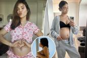 Two split photos of Jenna Dewan with her pregnant belly and a small photo of Jenna Dewan holding her chest