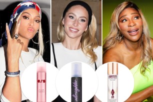 Beyoncé, Alix Earle and Serena Williams with insets of setting sprays