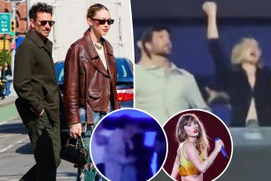 Bradley Cooper and Gigi Hadid with inset of Taylor Swift.