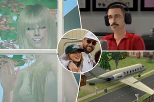 A split photo of Taylor Swift as a "Sims" character, Travis Kelce as a "Sims" character and a small photo of Taylor Swift and Travis Kelce smiling