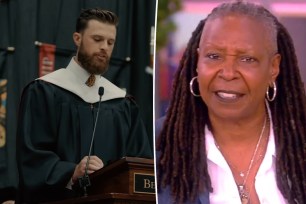 A split photo of Harrison Butker giving a commencement speech and Whoopi Goldberg on "The View"