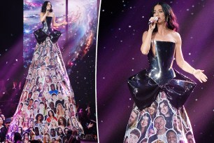 Two split photos of Katy Perry performing on "American Idol" finale