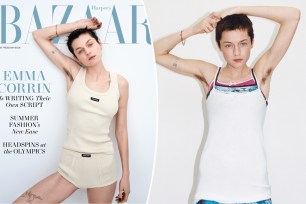 Emma Corrin shows off armpit hair on Harper's Bazaar's June/July 2024 cover.