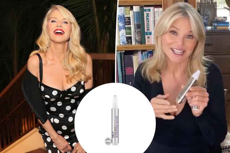Christie Brinkley in a polka dot dress, split with her holding an SBLA beauty wand (also inset)
