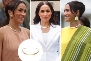 Meghan Markle wearing an Aurate necklace