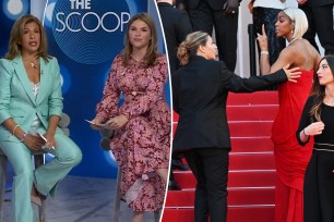 A split photo of Hoda Kotb and Jenna Bush Hager sitting and Kelly Rowland scolding a Cannes security guard