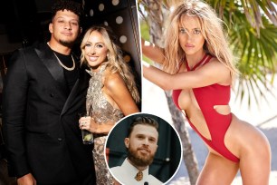 Patrick Mahomes and Brittany Mahomes with a Harrison Butker inset