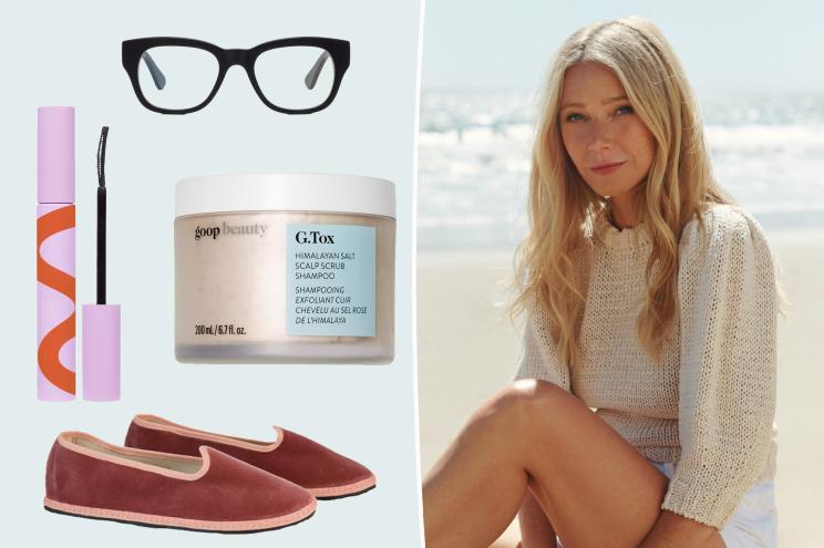 Gwyneth Paltrow with insets of glasses, mascara, shampoo and slippers