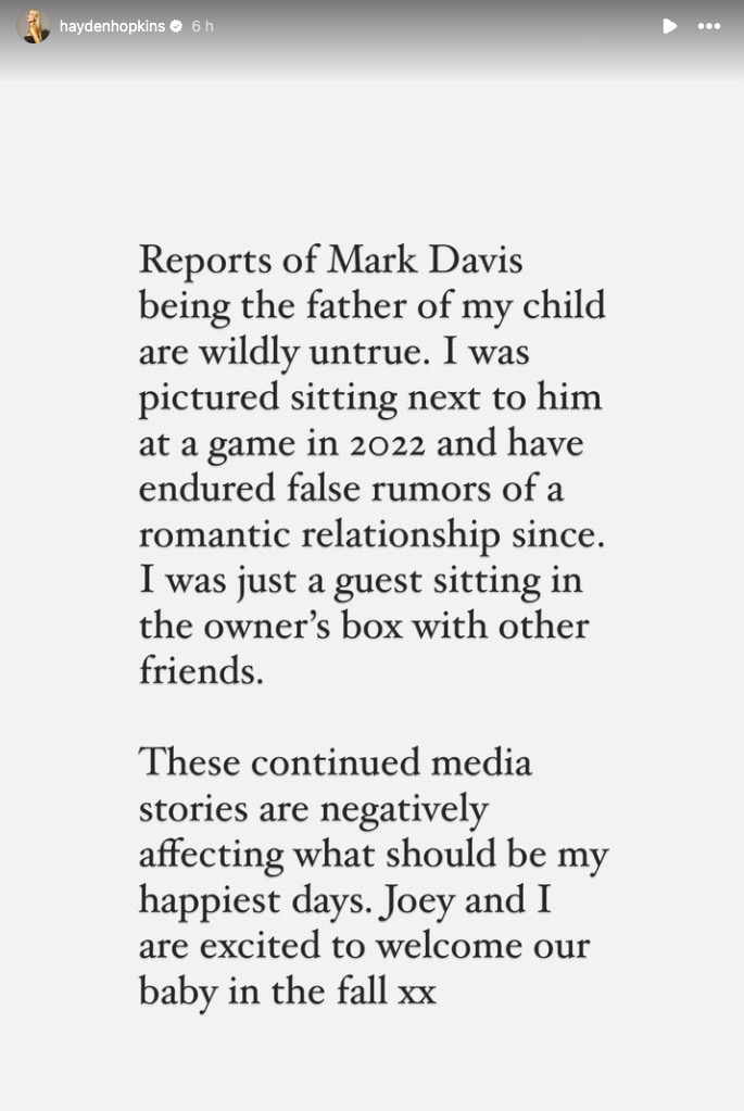 Hayden Hopkins' Instagram statement. 