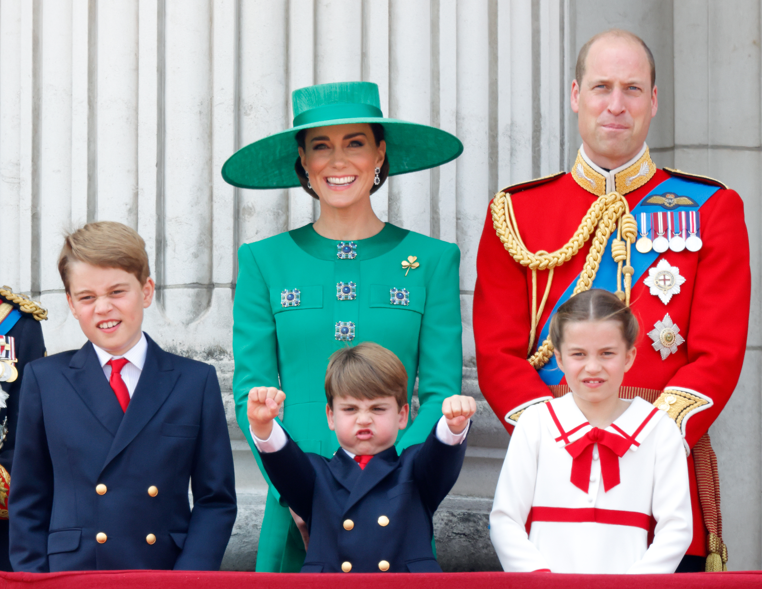 Prince George of Wales, Prince Louis of Wales, Catherine, Princess of Wales (Colonel of the Irish Guards), Princess Charlotte of Wales and Prince William