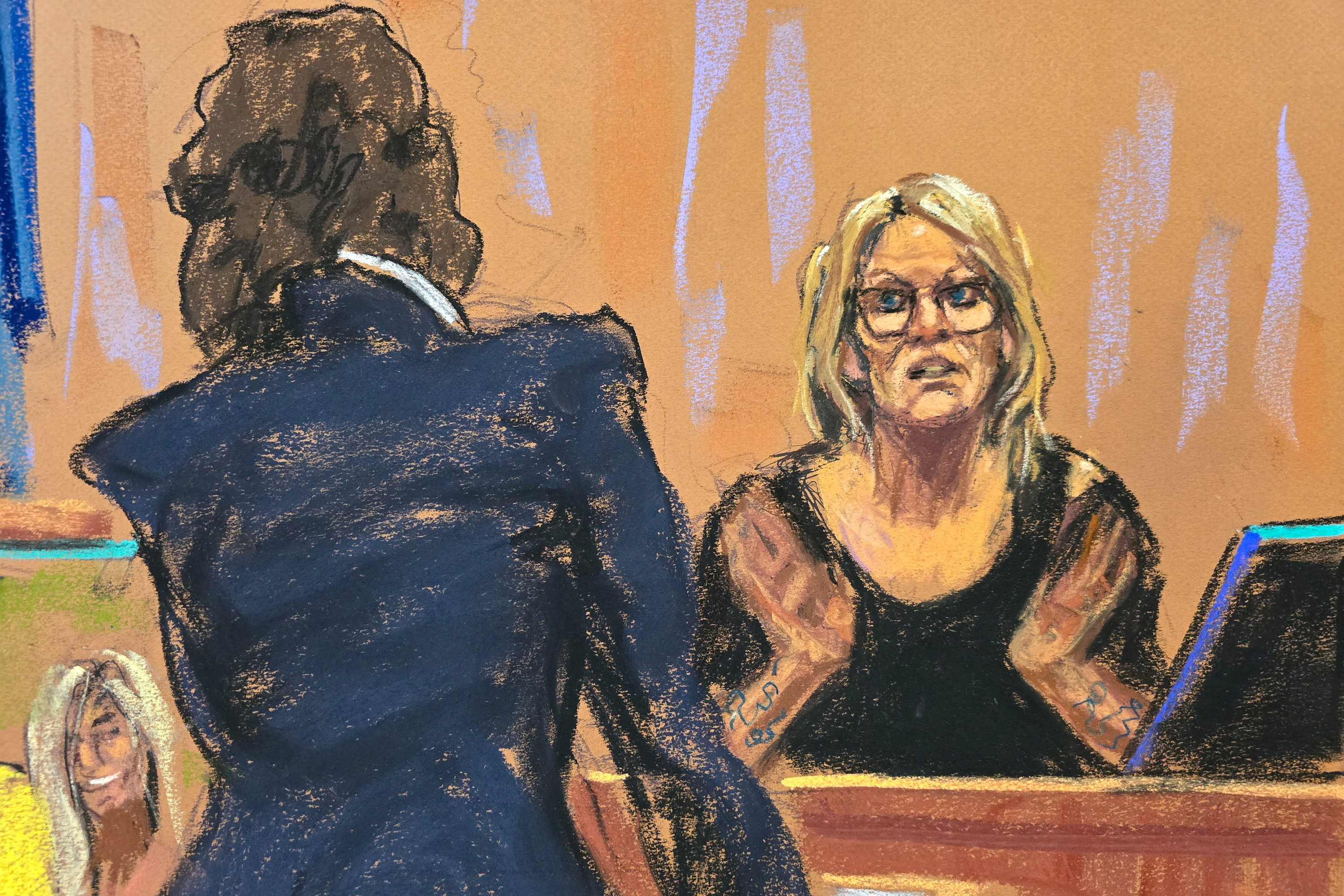 A drawing of Stormy Daniels in court.