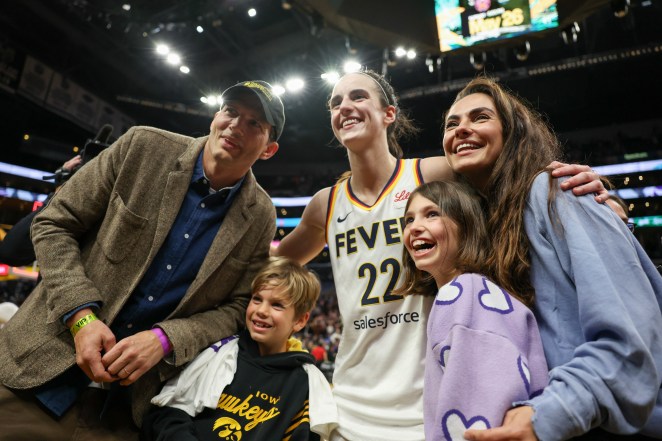 Mila Kunis and Ashton Kutcher with their kids, Wyatt and Dimitri, and Caitlin Clark