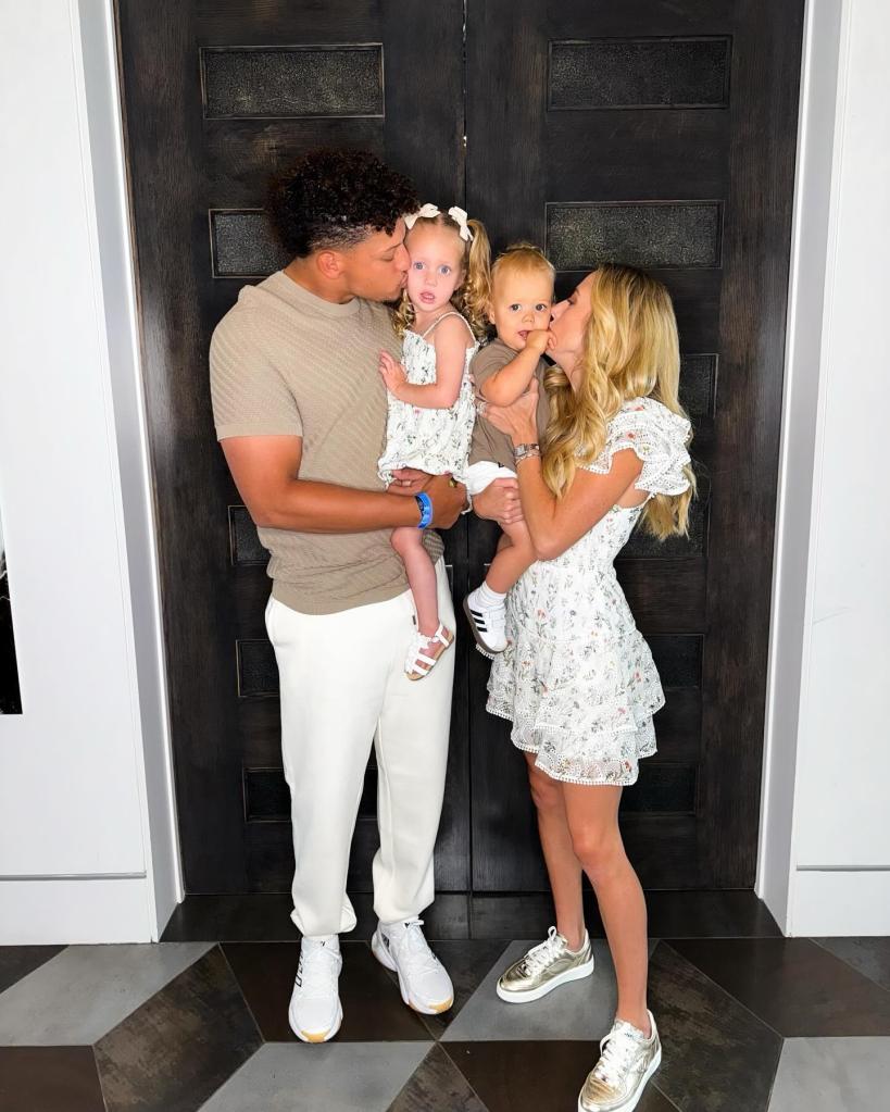 Brittan and Patrick Mahomes with Sterling and Bronze on Mother's Day. 