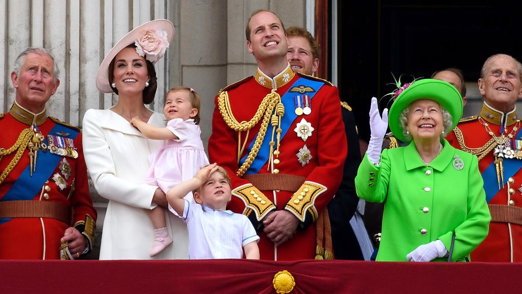 Prince Charles, Prince of Wales, Catherine, Duchess of Cambridge, Princess Charlotte, Prince George, Prince William, Duke of Cambridge, Prince Harry, Queen Elizabeth II and Prince Philip, Duke of Edinburgh on the Buckingham Palace balcony