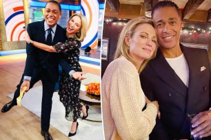 A split photo of TJ Holmes and Amy Robach hugging and Amy Robach cuddling up to TJ Holmes