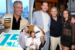 A split photo of Andy Cohen and a cake, Andy Cohen, Craig Conover and Paige DeSorbo posing together and a small photo of Kyle Cooke and Carl Radke