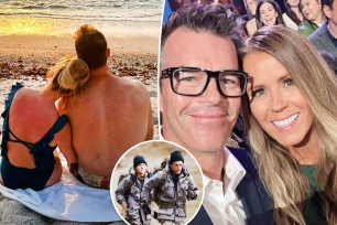 A split photo of the back of Trista and Ryan Sutter and a selfie of Trista and Ryan Sutter and a small photo of Tom Sandoval and Nick Viall on "Special Forces"