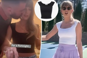 Two photos of Taylor Swift with an inset of a black T-shirt