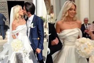 Two photos of Lexi Sundin and Andrea Denver kissing on their wedding and Lexi Sundin in her wedding dress
