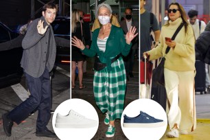A split image of Ashton Kutcher, Helen Mirren and Brooke Shields in Cariuma sneakers with an inset of similar shoes