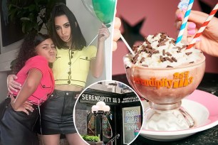North West and Kim Kardashian split image with ice cream.