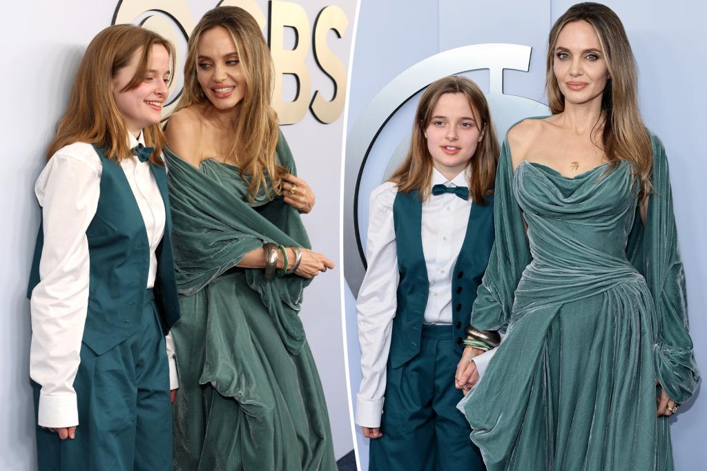 Angeline Jolie and Brad Pitt’s daughter Vivienne, 15, makes her Tony Awards debut in teal and white suit