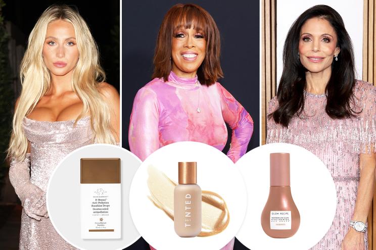 Alix Earle, Gayle King and Bethenny Frankel with insets of bronzing drop bottles